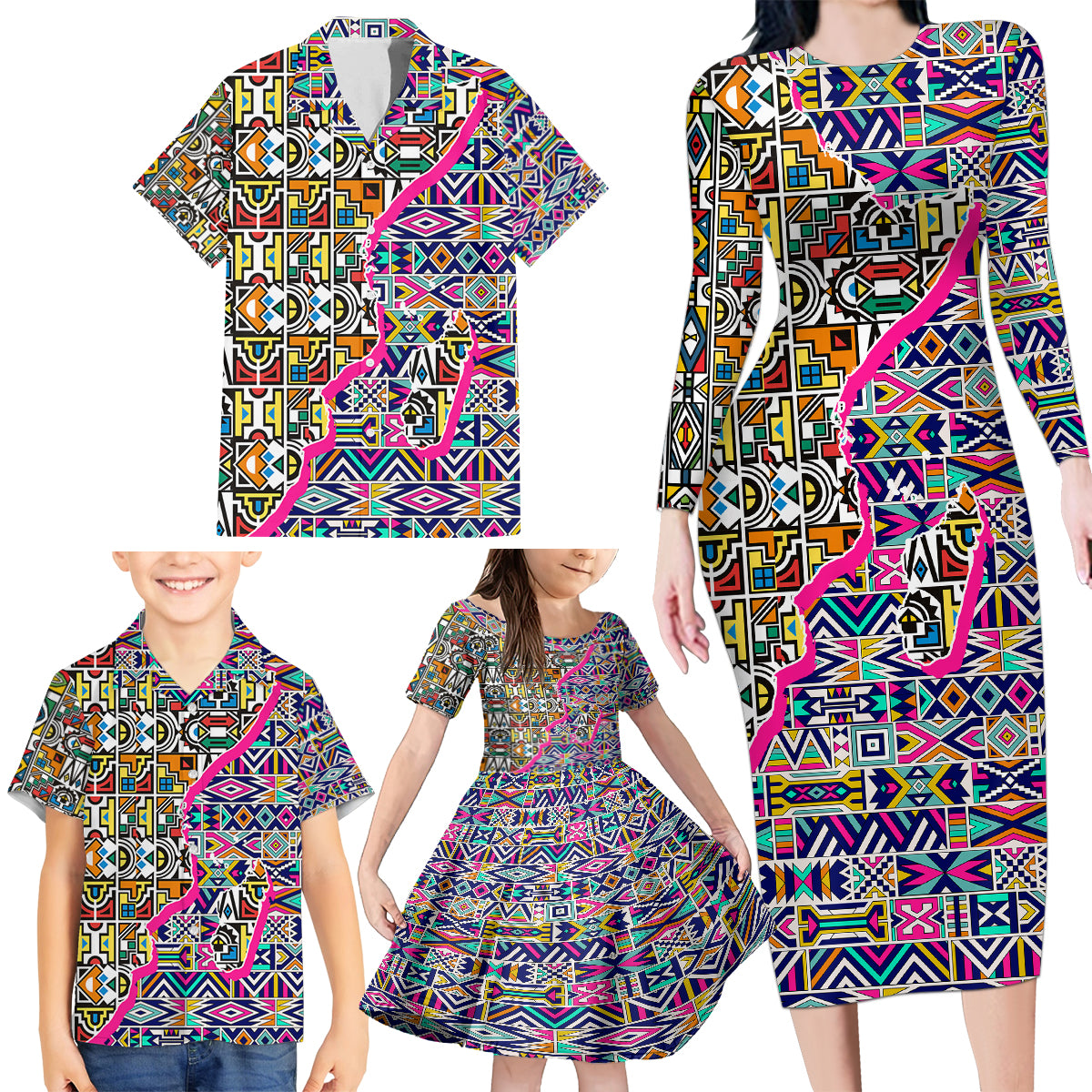 African Ndebele Pattern Family Matching Long Sleeve Bodycon Dress and Hawaiian Shirt - Wonder Print Shop