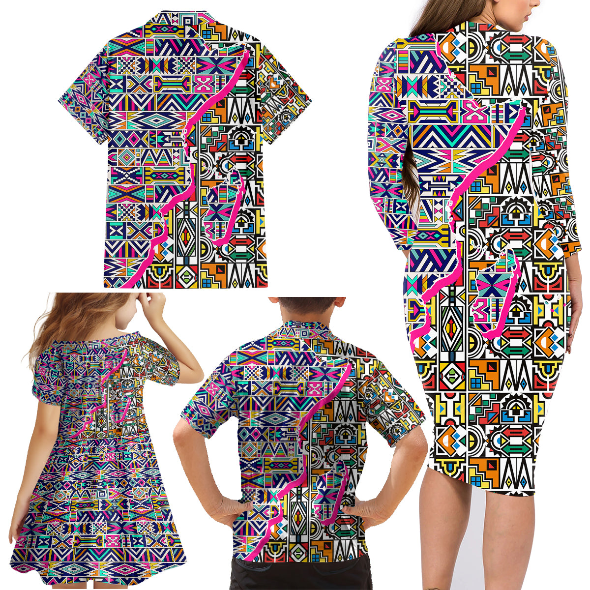African Ndebele Pattern Family Matching Long Sleeve Bodycon Dress and Hawaiian Shirt - Wonder Print Shop