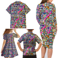 African Ndebele Pattern Family Matching Long Sleeve Bodycon Dress and Hawaiian Shirt - Wonder Print Shop
