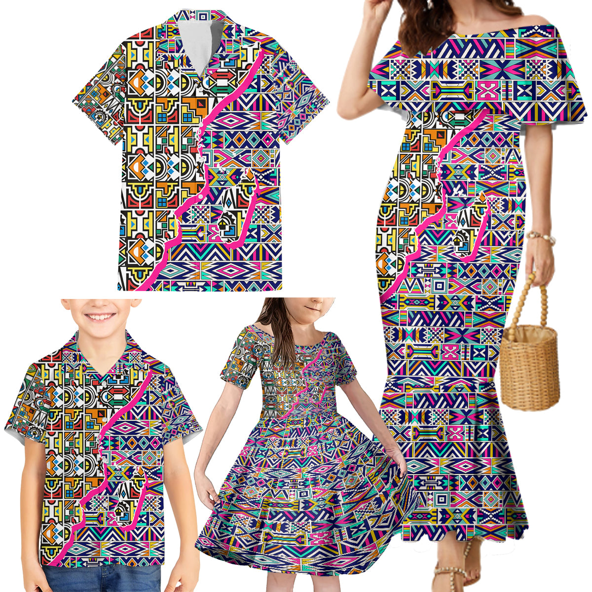 African Ndebele Pattern Family Matching Mermaid Dress and Hawaiian Shirt - Wonder Print Shop