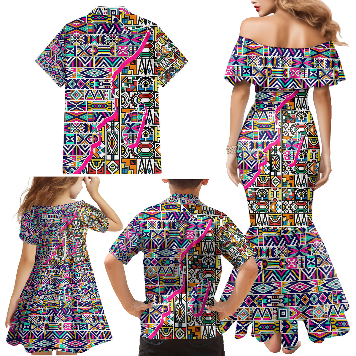African Ndebele Pattern Family Matching Mermaid Dress and Hawaiian Shirt - Wonder Print Shop
