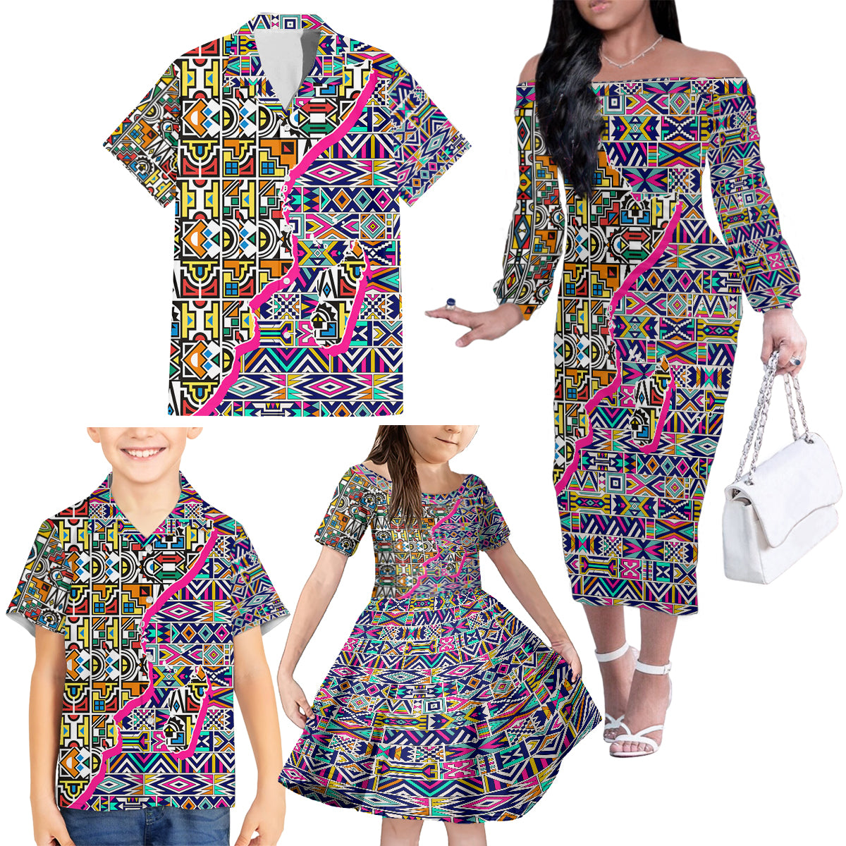African Ndebele Pattern Family Matching Off Shoulder Long Sleeve Dress and Hawaiian Shirt - Wonder Print Shop