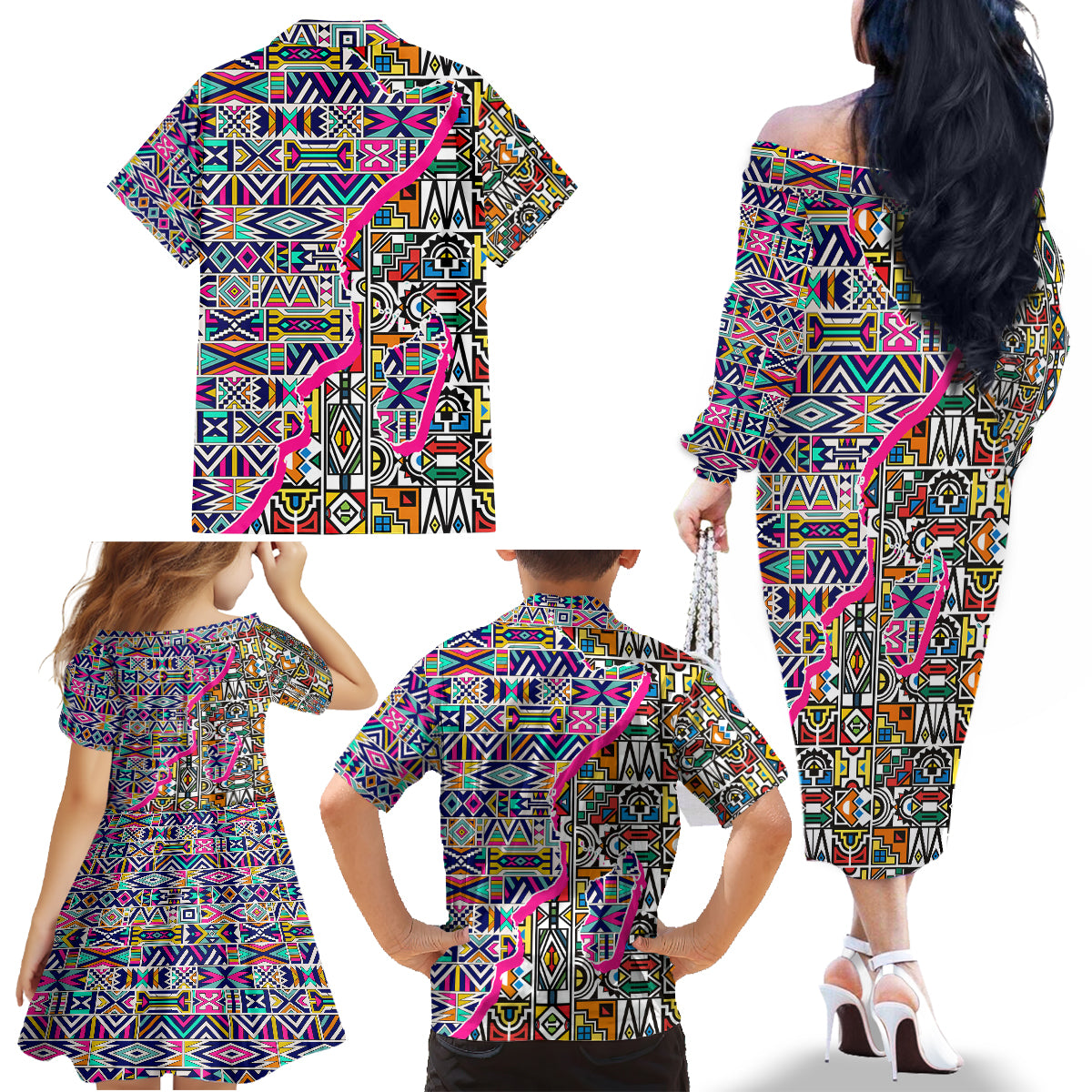 African Ndebele Pattern Family Matching Off Shoulder Long Sleeve Dress and Hawaiian Shirt - Wonder Print Shop