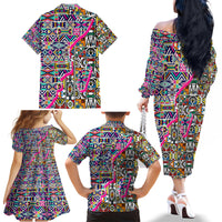 African Ndebele Pattern Family Matching Off Shoulder Long Sleeve Dress and Hawaiian Shirt - Wonder Print Shop