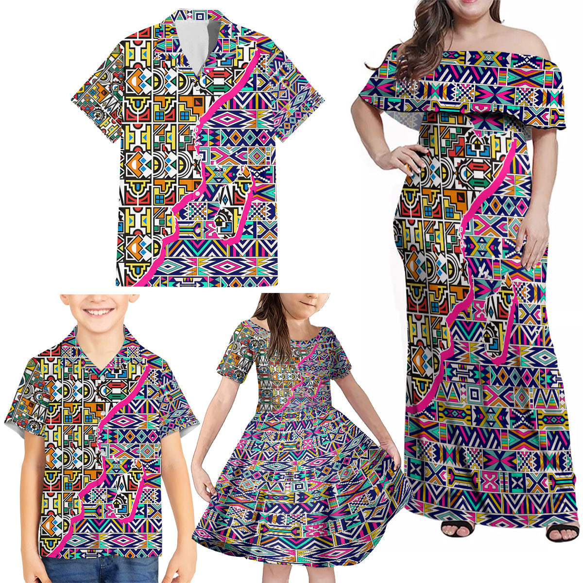 African Ndebele Pattern Family Matching Off Shoulder Maxi Dress and Hawaiian Shirt - Wonder Print Shop