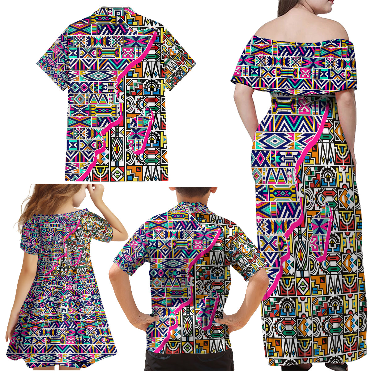 African Ndebele Pattern Family Matching Off Shoulder Maxi Dress and Hawaiian Shirt - Wonder Print Shop