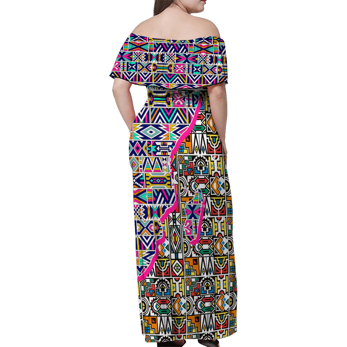 African Ndebele Pattern Family Matching Off Shoulder Maxi Dress and Hawaiian Shirt - Wonder Print Shop