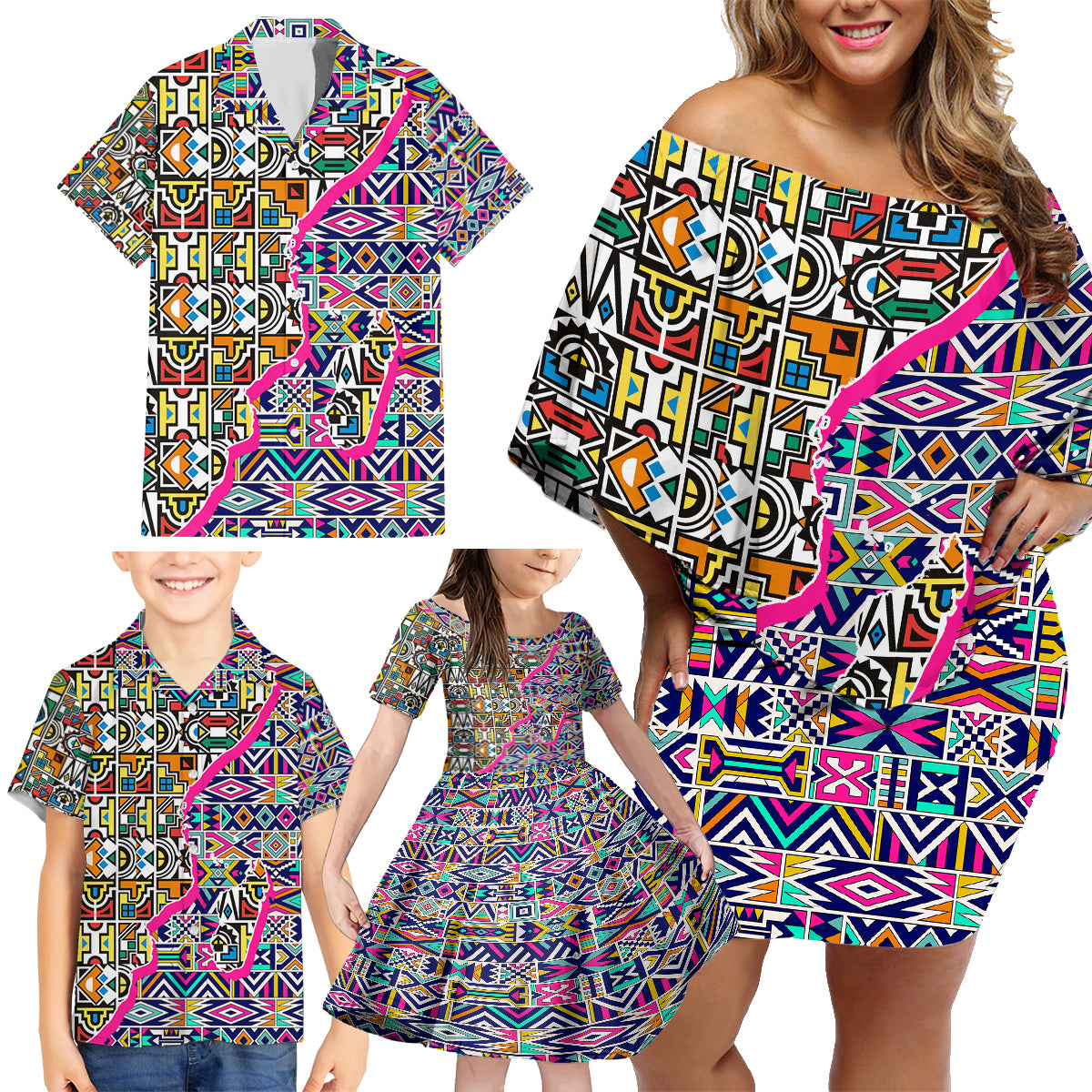 African Ndebele Pattern Family Matching Off Shoulder Short Dress and Hawaiian Shirt - Wonder Print Shop