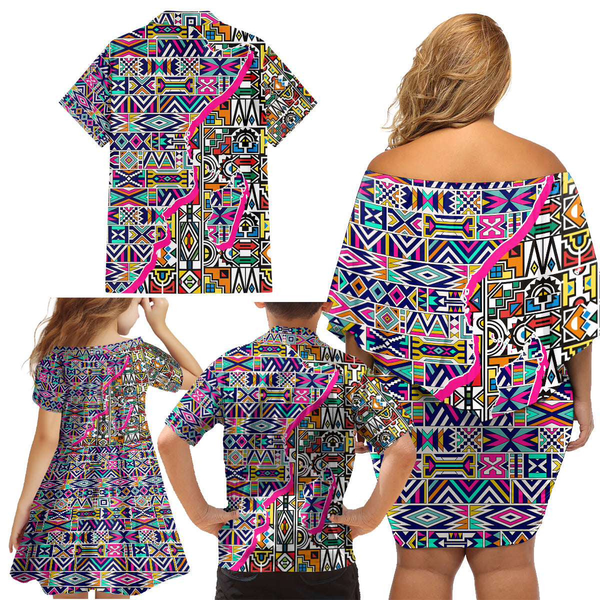 African Ndebele Pattern Family Matching Off Shoulder Short Dress and Hawaiian Shirt - Wonder Print Shop