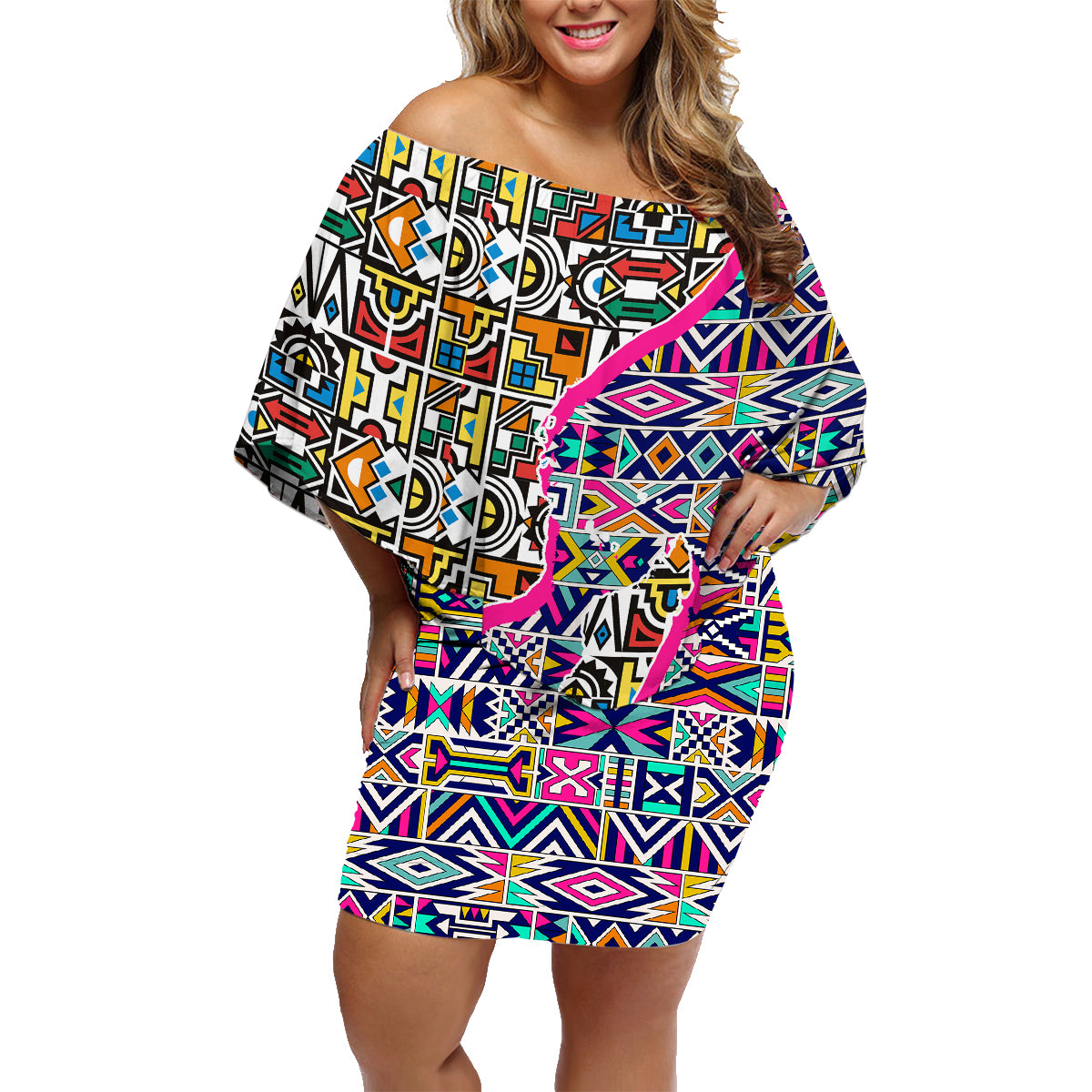 African Ndebele Pattern Family Matching Off Shoulder Short Dress and Hawaiian Shirt - Wonder Print Shop