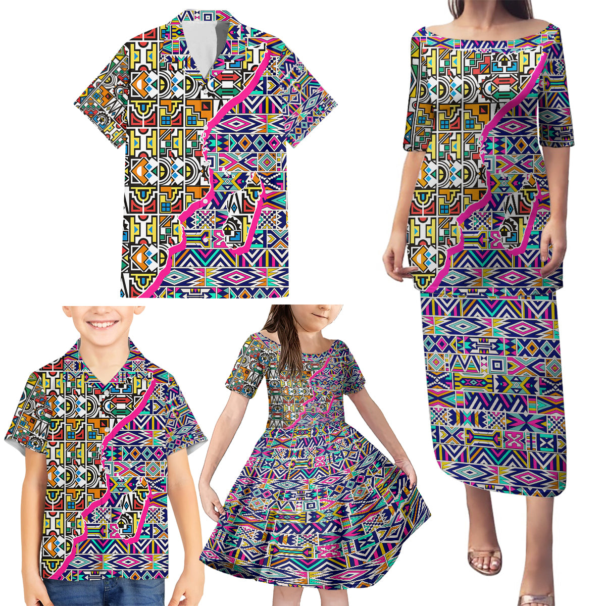 African Ndebele Pattern Family Matching Puletasi Dress and Hawaiian Shirt - Wonder Print Shop