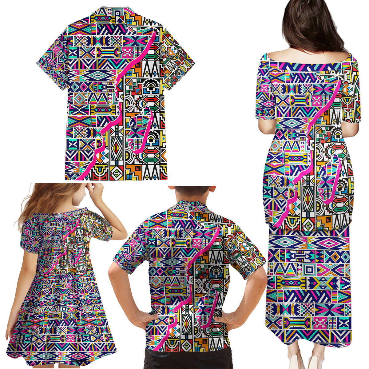 African Ndebele Pattern Family Matching Puletasi Dress and Hawaiian Shirt - Wonder Print Shop