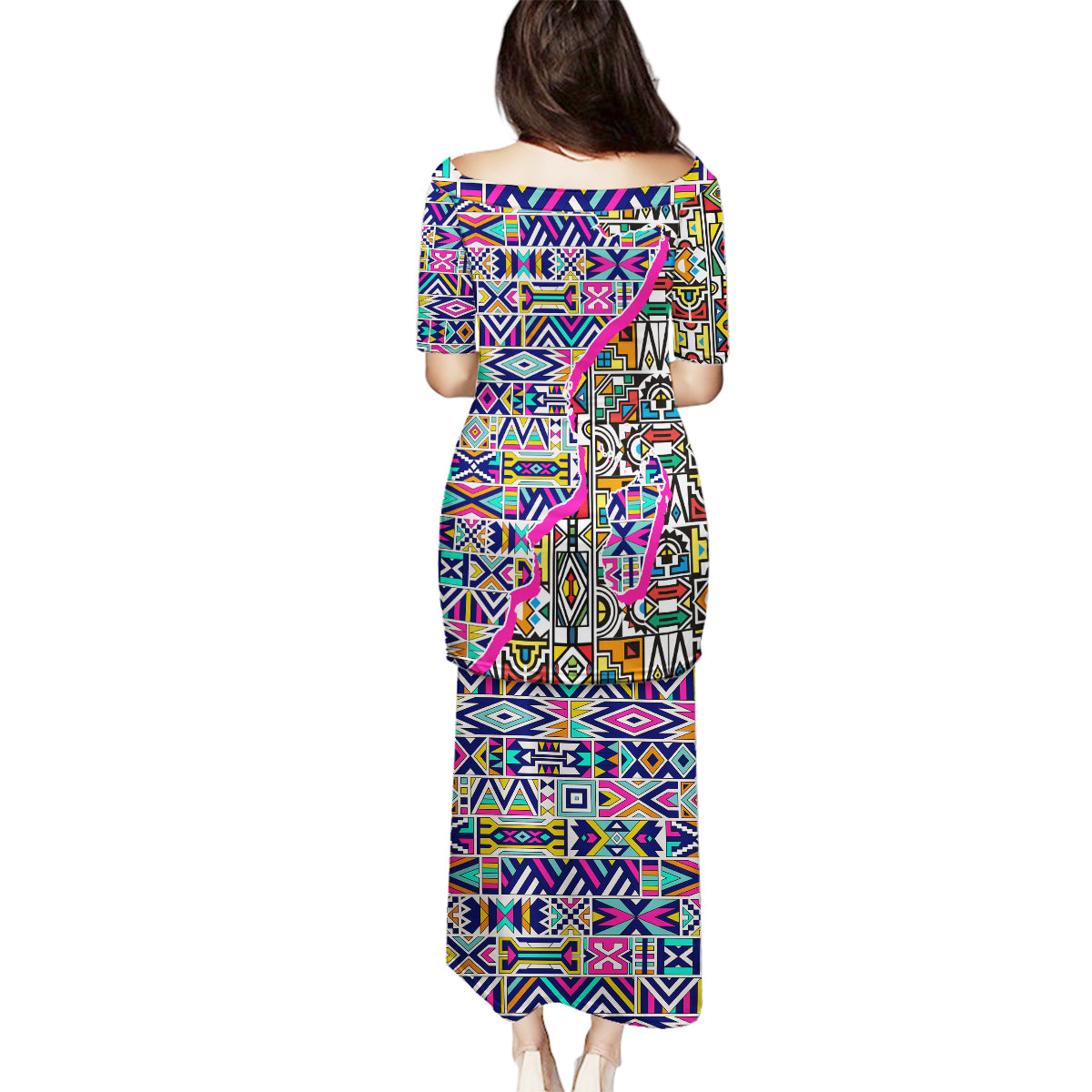 African Ndebele Pattern Family Matching Puletasi Dress and Hawaiian Shirt - Wonder Print Shop