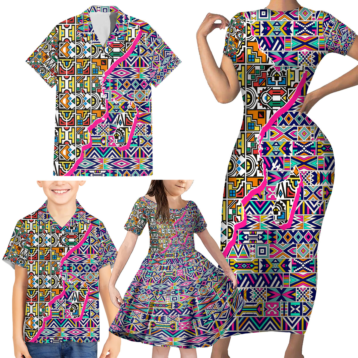 African Ndebele Pattern Family Matching Short Sleeve Bodycon Dress and Hawaiian Shirt - Wonder Print Shop