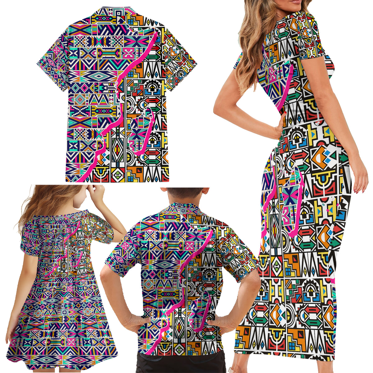 African Ndebele Pattern Family Matching Short Sleeve Bodycon Dress and Hawaiian Shirt - Wonder Print Shop