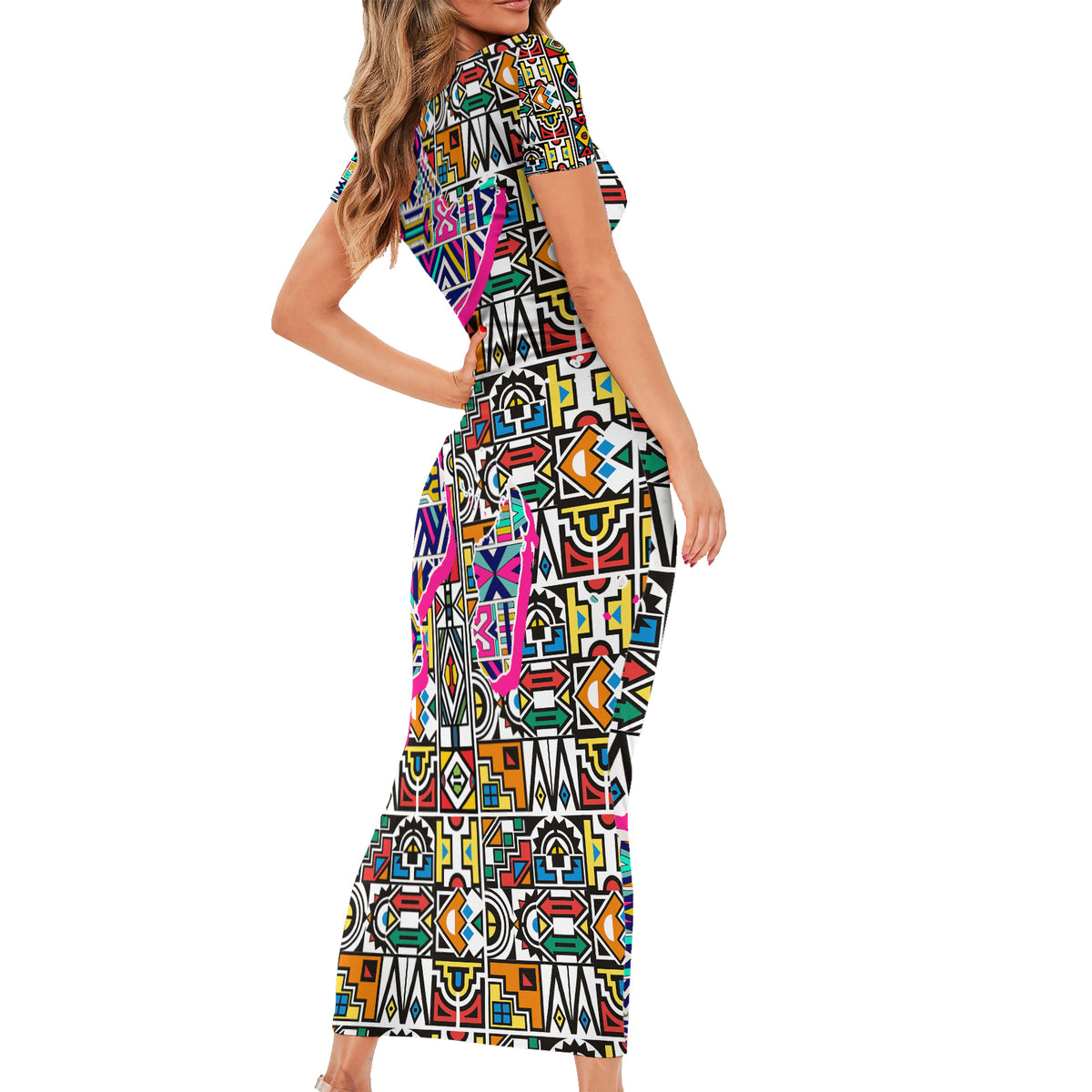 African Ndebele Pattern Family Matching Short Sleeve Bodycon Dress and Hawaiian Shirt - Wonder Print Shop
