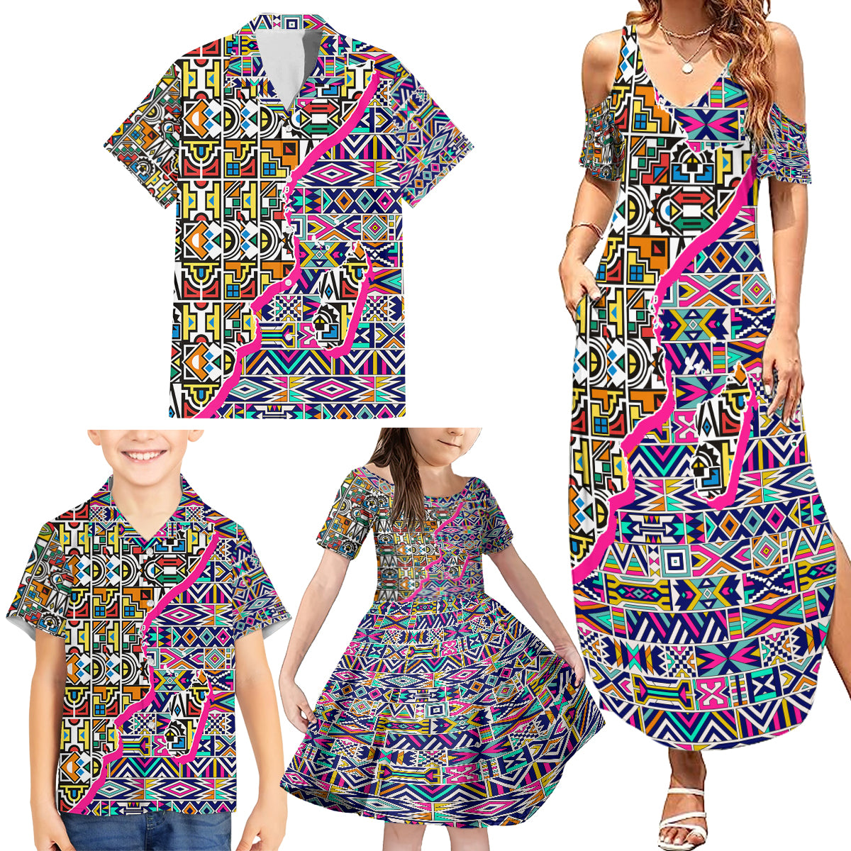 African Ndebele Pattern Family Matching Summer Maxi Dress and Hawaiian Shirt - Wonder Print Shop