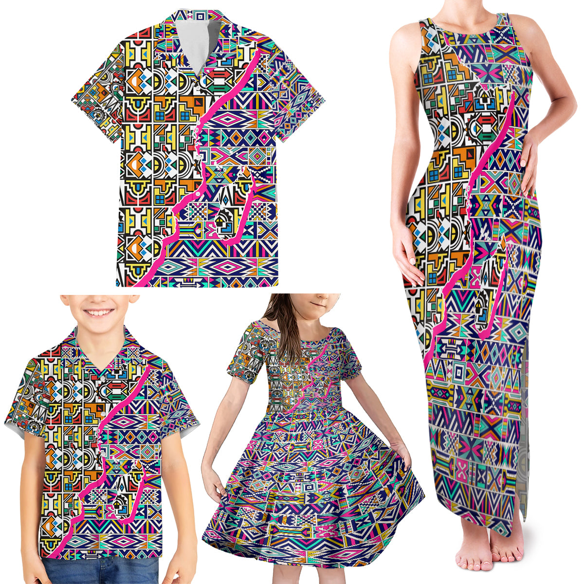 African Ndebele Pattern Family Matching Tank Maxi Dress and Hawaiian Shirt - Wonder Print Shop