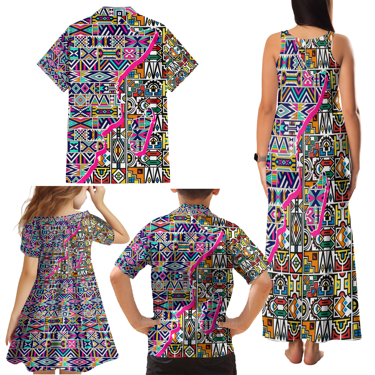 African Ndebele Pattern Family Matching Tank Maxi Dress and Hawaiian Shirt - Wonder Print Shop