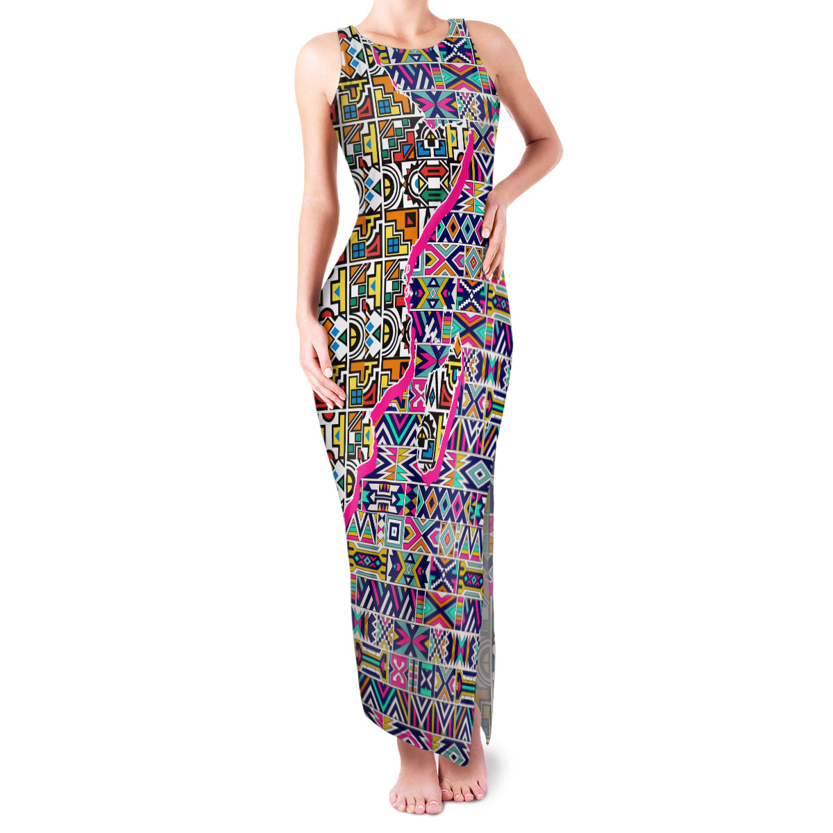 African Ndebele Pattern Family Matching Tank Maxi Dress and Hawaiian Shirt - Wonder Print Shop