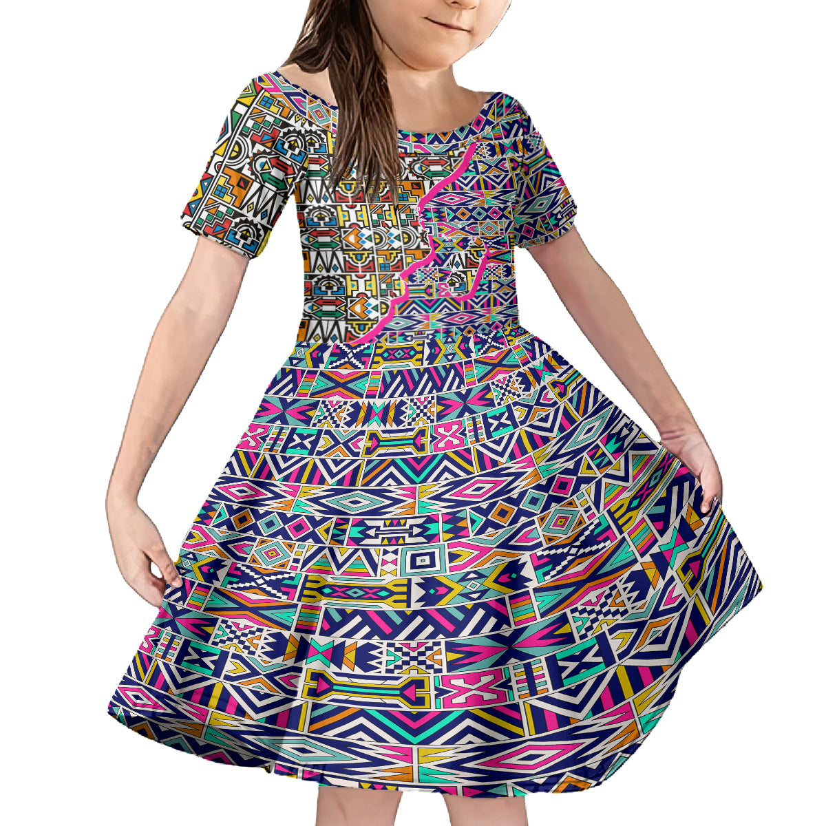 African Ndebele Pattern Kid Short Sleeve Dress - Wonder Print Shop