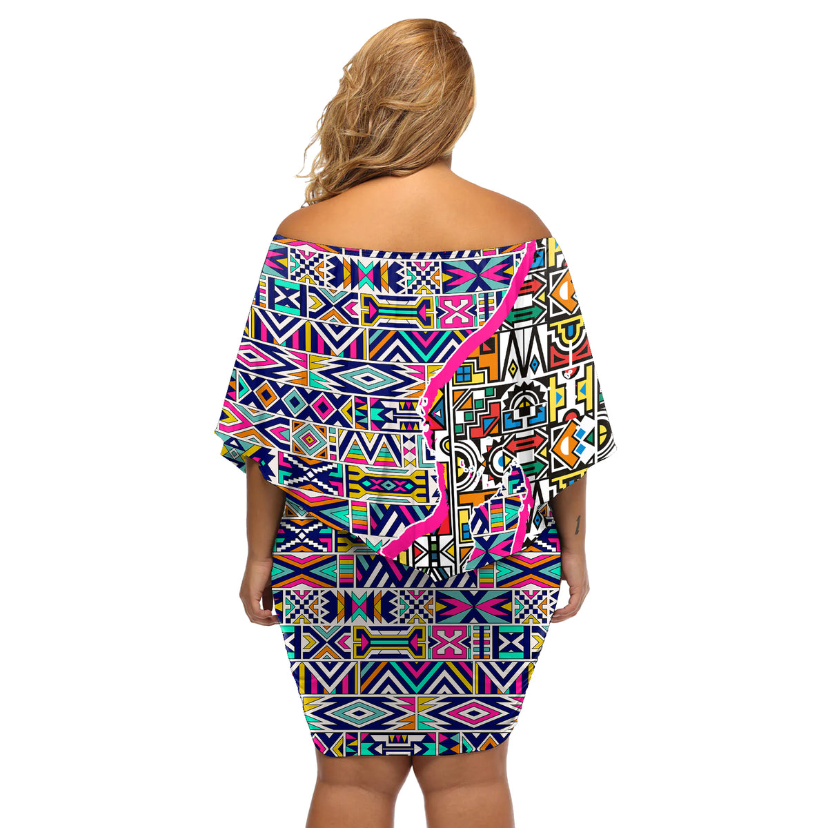 African Ndebele Pattern Off Shoulder Short Dress - Wonder Print Shop