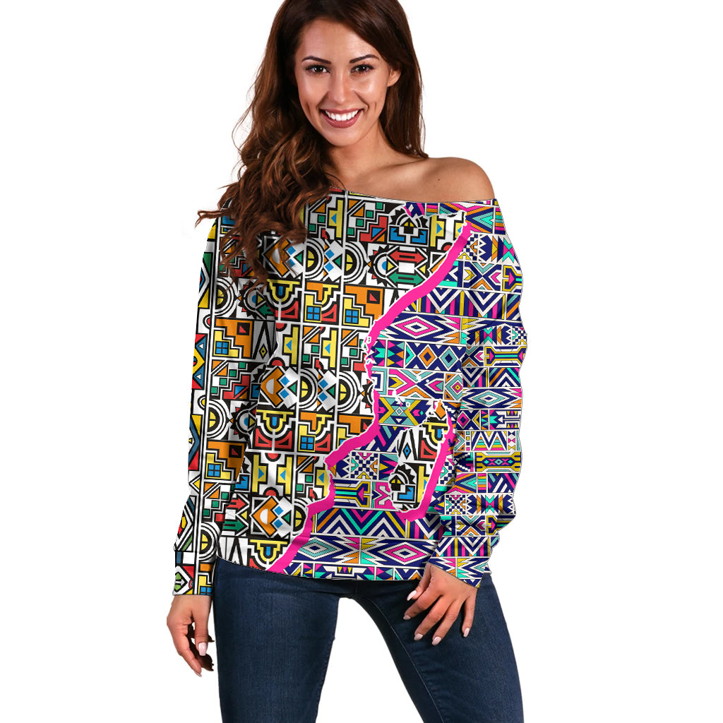 African Ndebele Pattern Off Shoulder Sweater - Wonder Print Shop