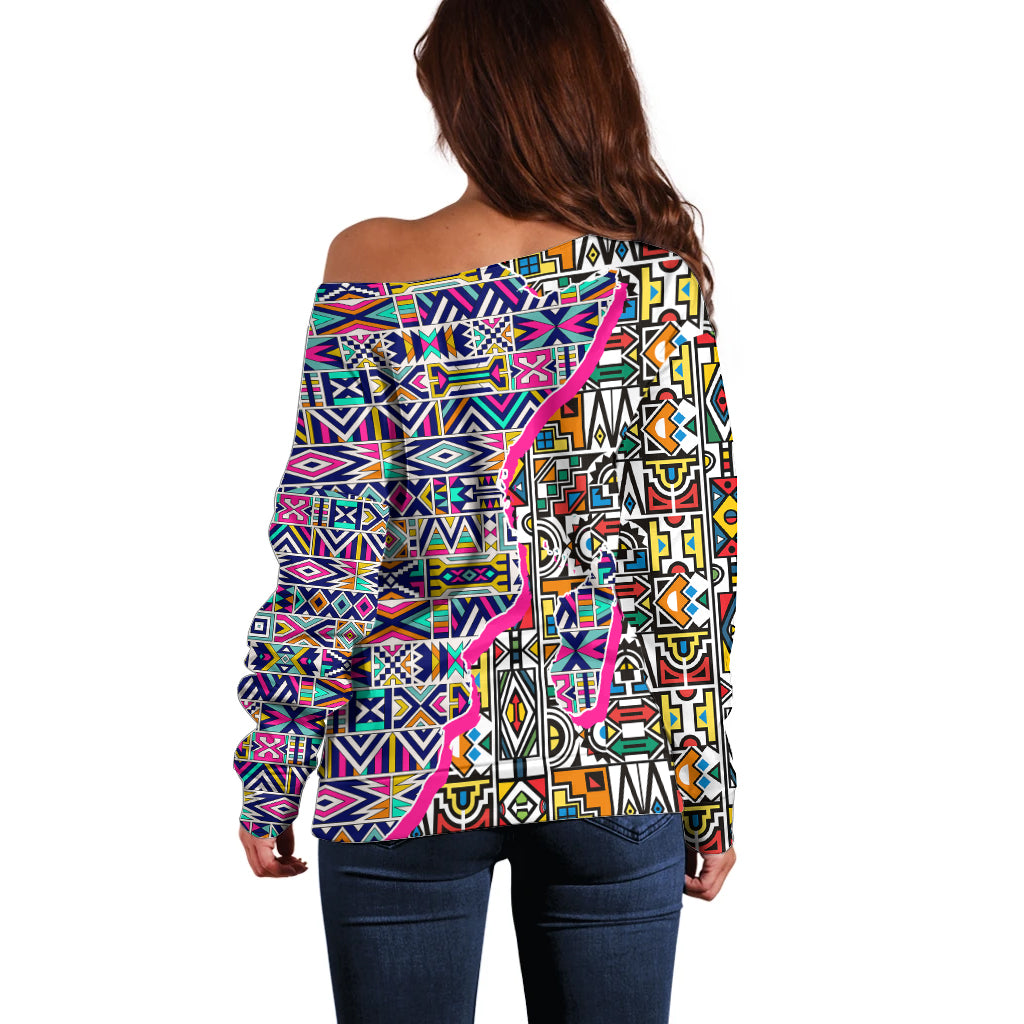 African Ndebele Pattern Off Shoulder Sweater - Wonder Print Shop