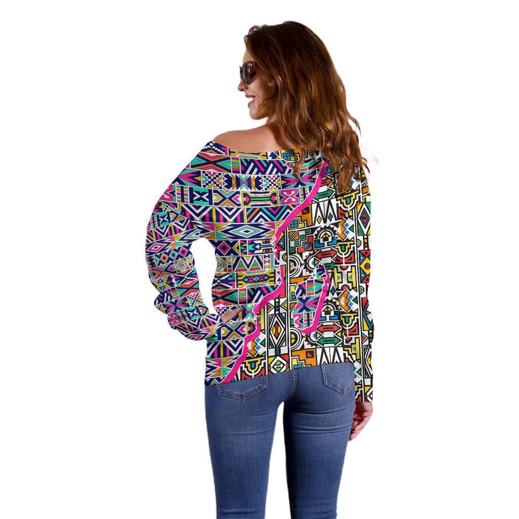 African Ndebele Pattern Off Shoulder Sweater - Wonder Print Shop