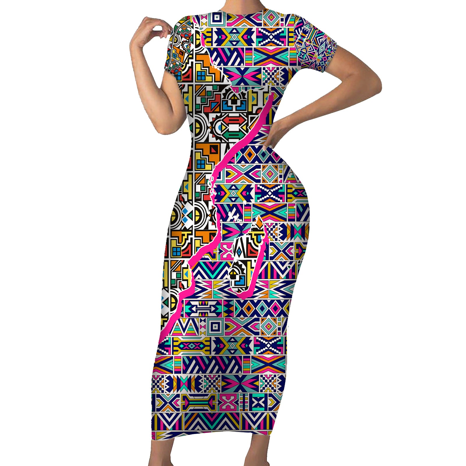 African Ndebele Pattern Short Sleeve Bodycon Dress - Wonder Print Shop