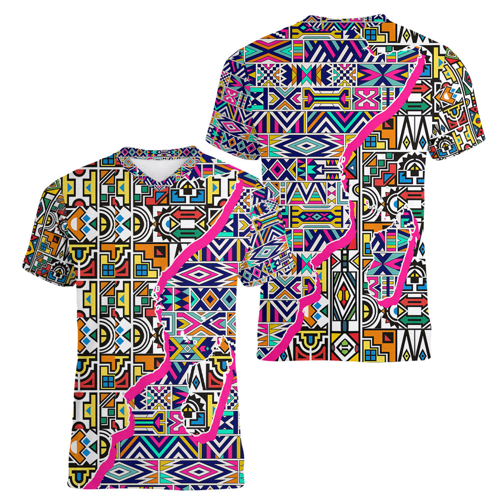 African Ndebele Pattern Women V Neck T Shirt - Wonder Print Shop