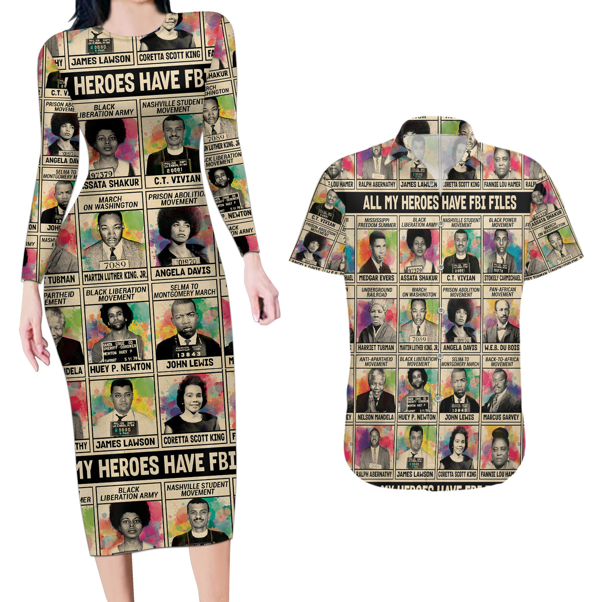 All My Heroes Have FBI Files Couples Matching Long Sleeve Bodycon Dress and Hawaiian Shirt Civil Rights Leaders - Wonder Print Shop