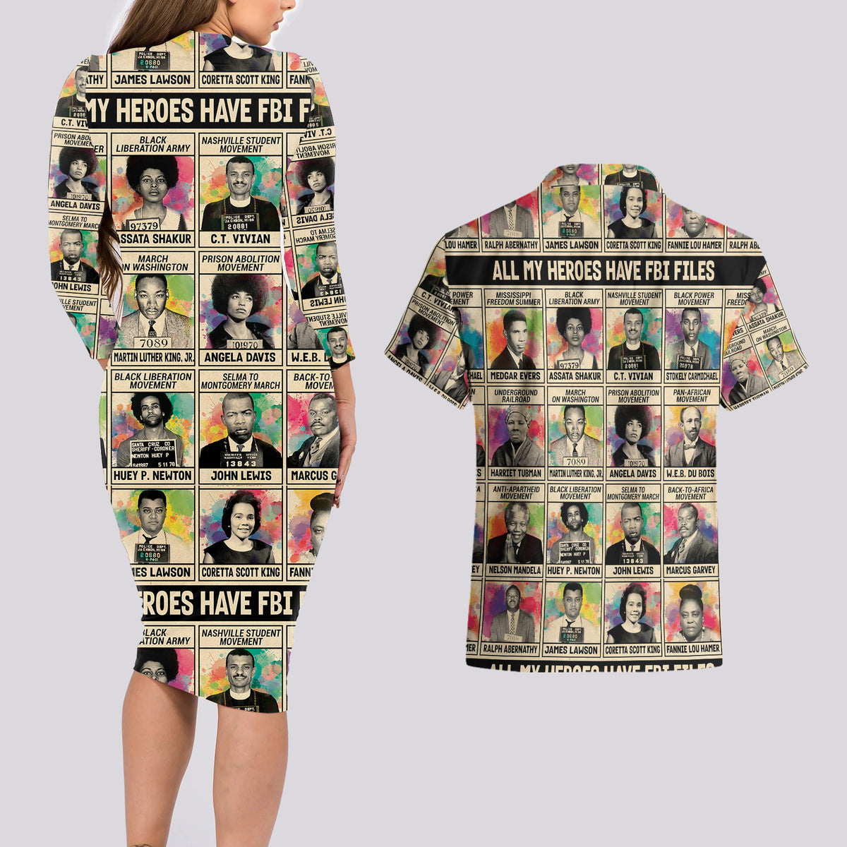 All My Heroes Have FBI Files Couples Matching Long Sleeve Bodycon Dress and Hawaiian Shirt Civil Rights Leaders - Wonder Print Shop