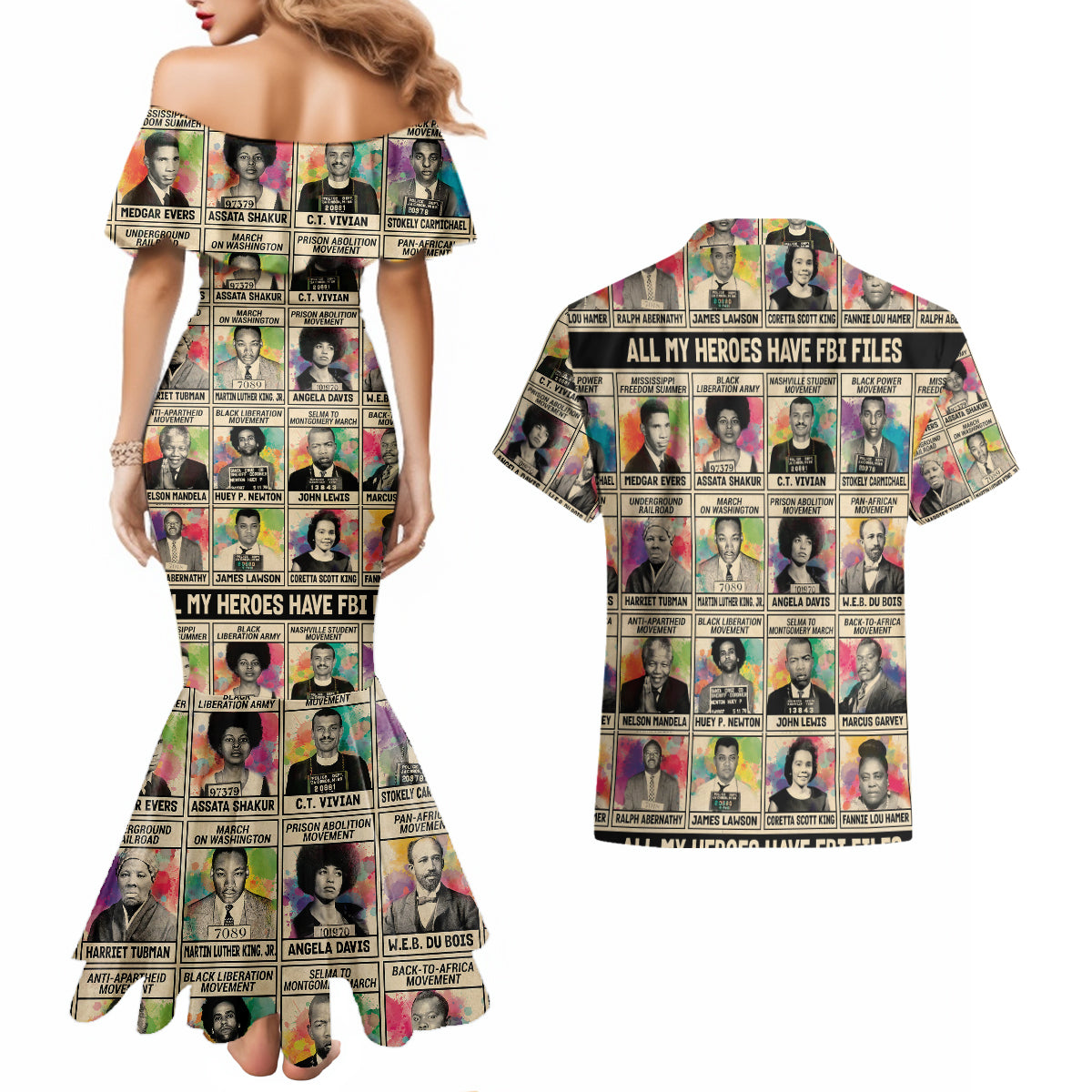 All My Heroes Have FBI Files Couples Matching Mermaid Dress and Hawaiian Shirt Civil Rights Leaders - Wonder Print Shop
