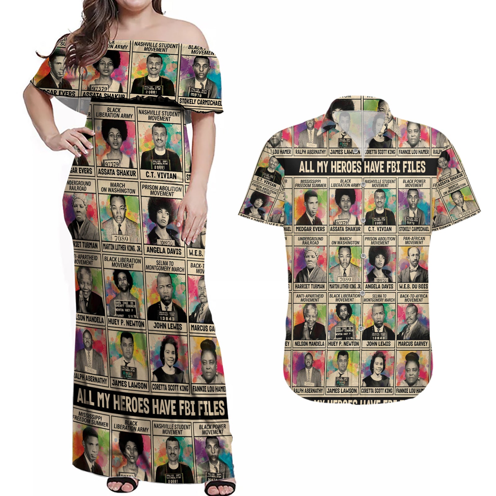 All My Heroes Have FBI Files Couples Matching Off Shoulder Maxi Dress and Hawaiian Shirt Civil Rights Leaders - Wonder Print Shop