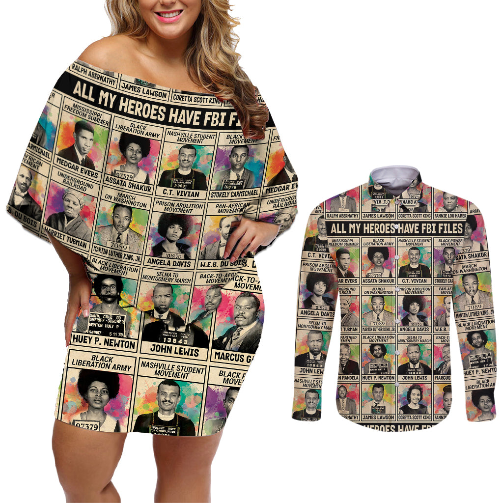 All My Heroes Have FBI Files Couples Matching Off Shoulder Short Dress and Long Sleeve Button Shirts Civil Rights Leaders - Wonder Print Shop