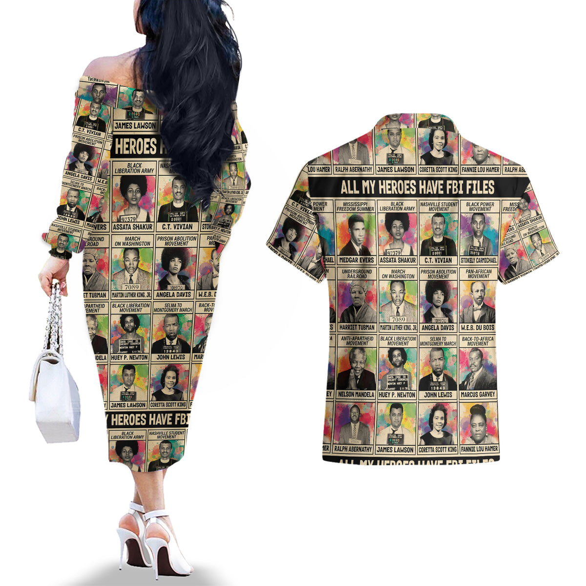 All My Heroes Have FBI Files Couples Matching Off The Shoulder Long Sleeve Dress and Hawaiian Shirt Civil Rights Leaders - Wonder Print Shop