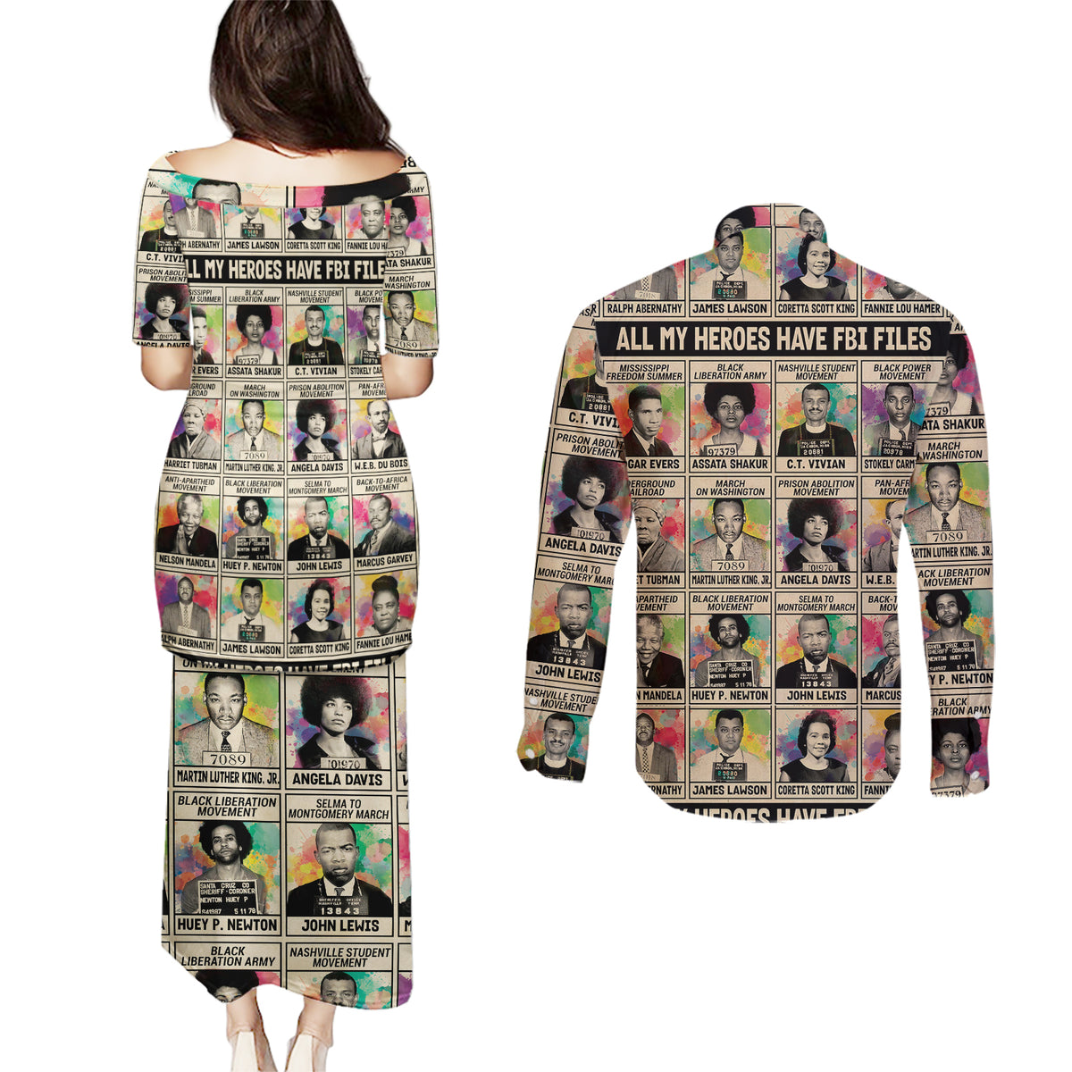 All My Heroes Have FBI Files Couples Matching Puletasi Dress and Long Sleeve Button Shirts Civil Rights Leaders - Wonder Print Shop