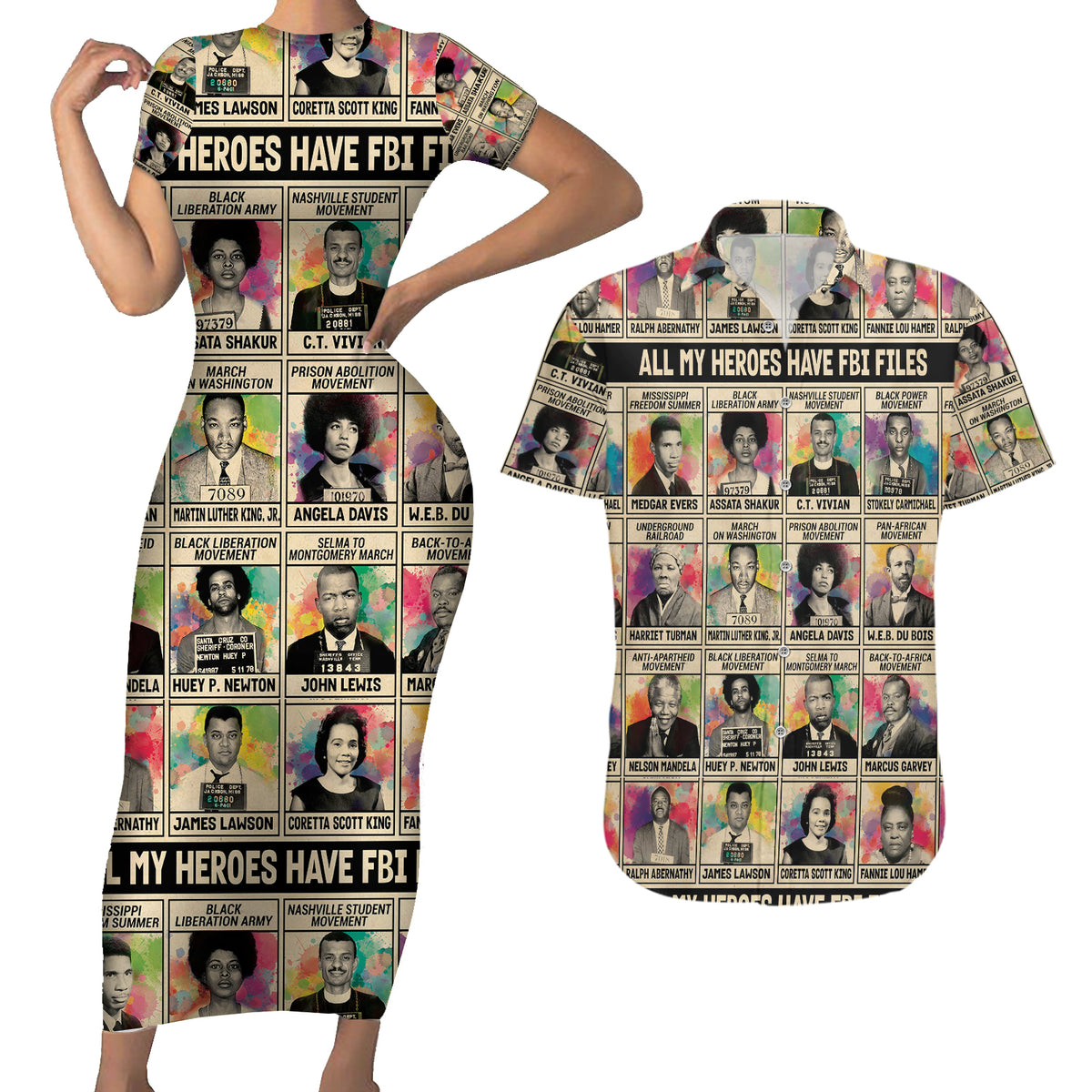 All My Heroes Have FBI Files Couples Matching Short Sleeve Bodycon Dress and Hawaiian Shirt Civil Rights Leaders - Wonder Print Shop