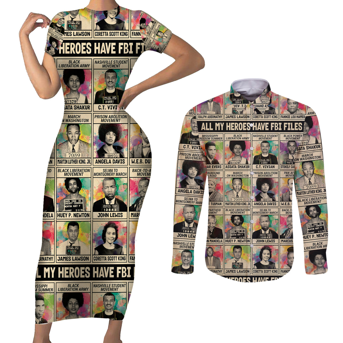 All My Heroes Have FBI Files Couples Matching Short Sleeve Bodycon Dress and Long Sleeve Button Shirts Civil Rights Leaders - Wonder Print Shop