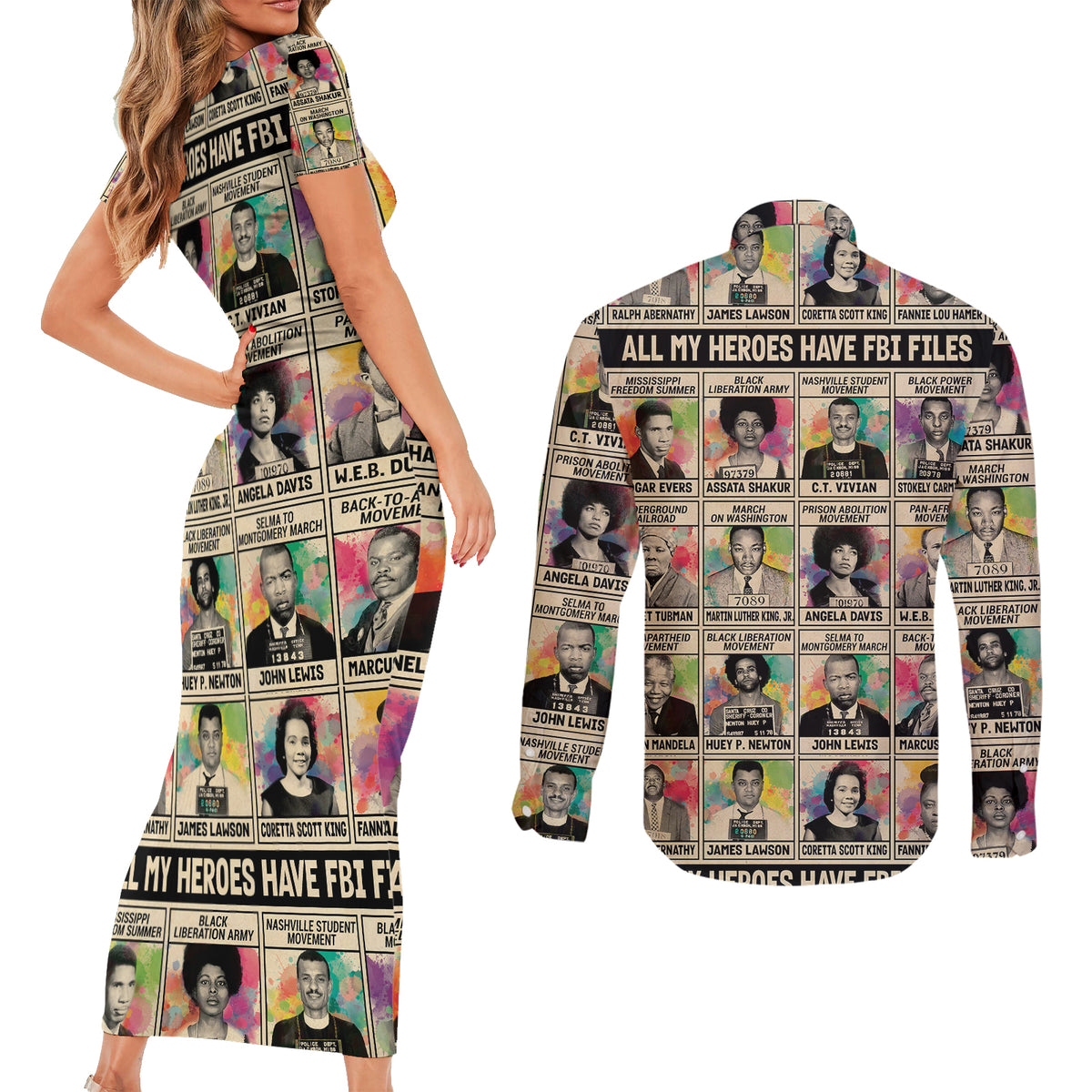 All My Heroes Have FBI Files Couples Matching Short Sleeve Bodycon Dress and Long Sleeve Button Shirts Civil Rights Leaders - Wonder Print Shop