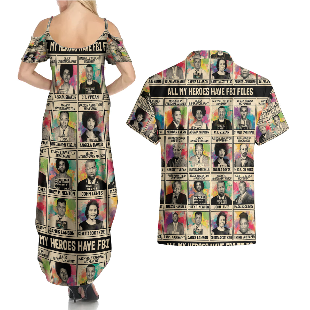 All My Heroes Have FBI Files Couples Matching Summer Maxi Dress and Hawaiian Shirt Civil Rights Leaders - Wonder Print Shop