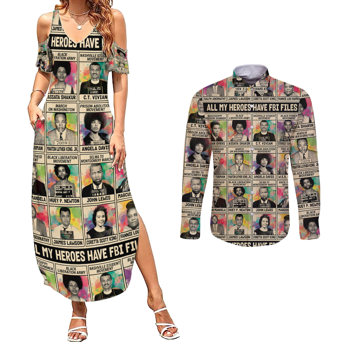 All My Heroes Have FBI Files Couples Matching Summer Maxi Dress and Long Sleeve Button Shirts Civil Rights Leaders - Wonder Print Shop