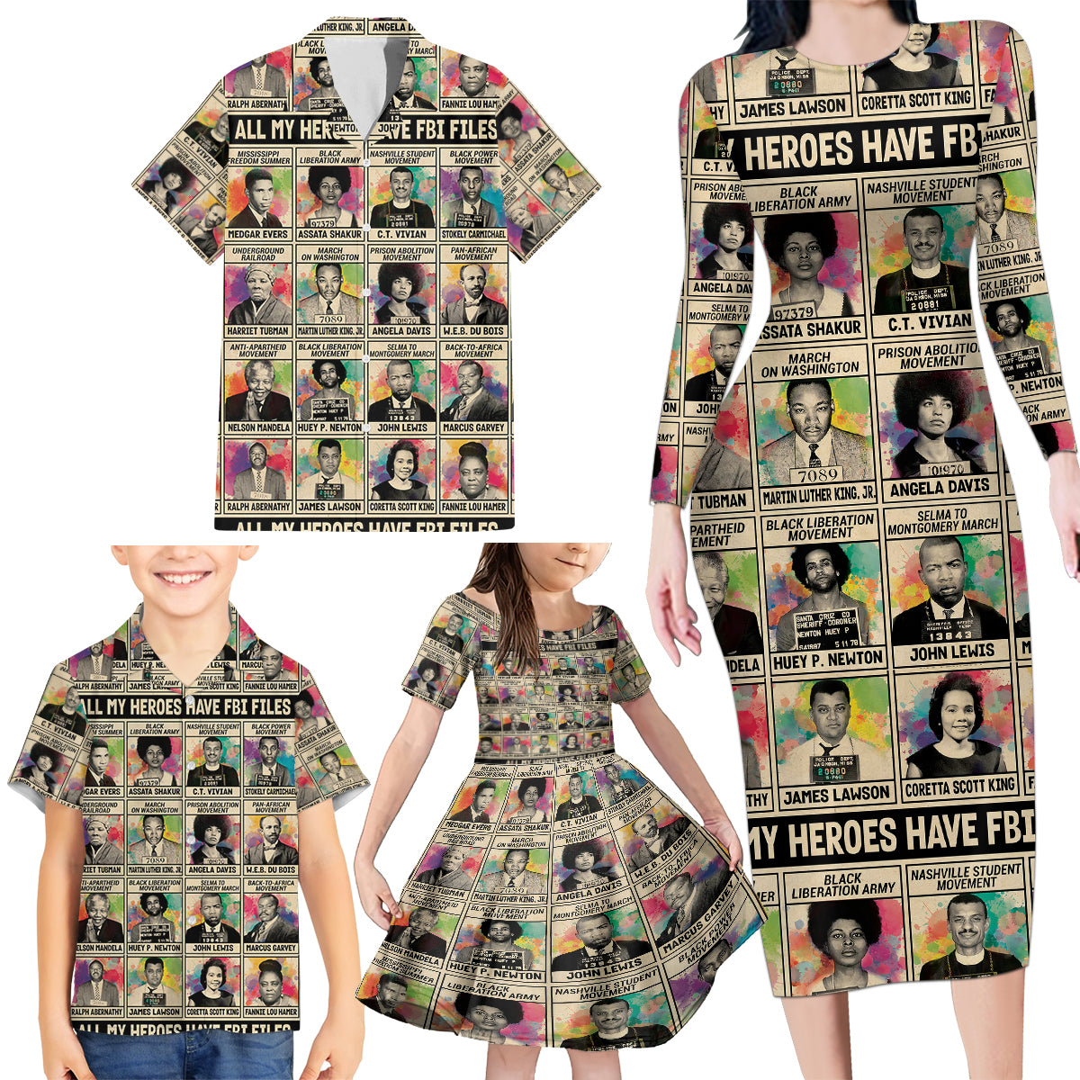 All My Heroes Have FBI Files Family Matching Long Sleeve Bodycon Dress and Hawaiian Shirt Civil Rights Leaders - Wonder Print Shop
