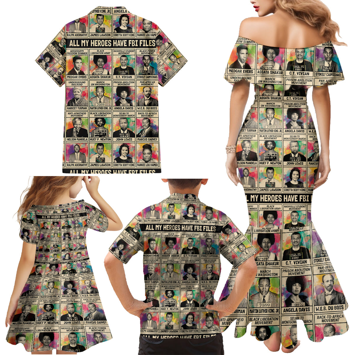 All My Heroes Have FBI Files Family Matching Mermaid Dress and Hawaiian Shirt Civil Rights Leaders - Wonder Print Shop