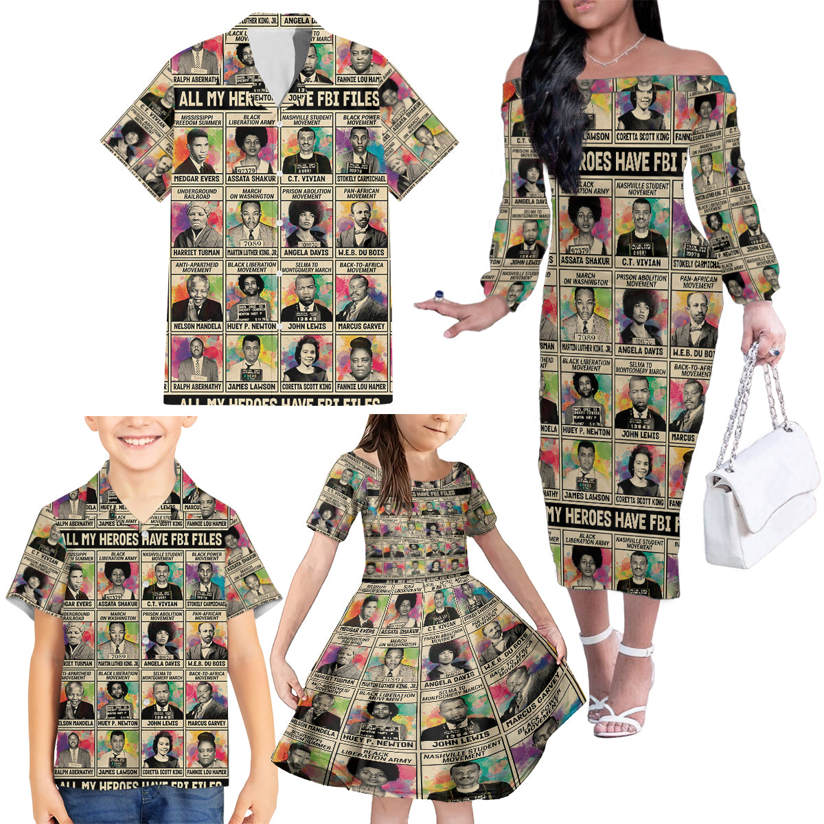 All My Heroes Have FBI Files Family Matching Off Shoulder Long Sleeve Dress and Hawaiian Shirt Civil Rights Leaders - Wonder Print Shop