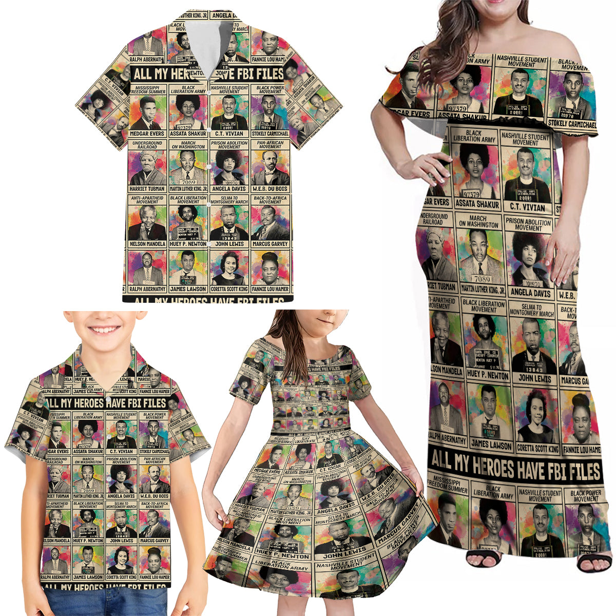 All My Heroes Have FBI Files Family Matching Off Shoulder Maxi Dress and Hawaiian Shirt Civil Rights Leaders - Wonder Print Shop