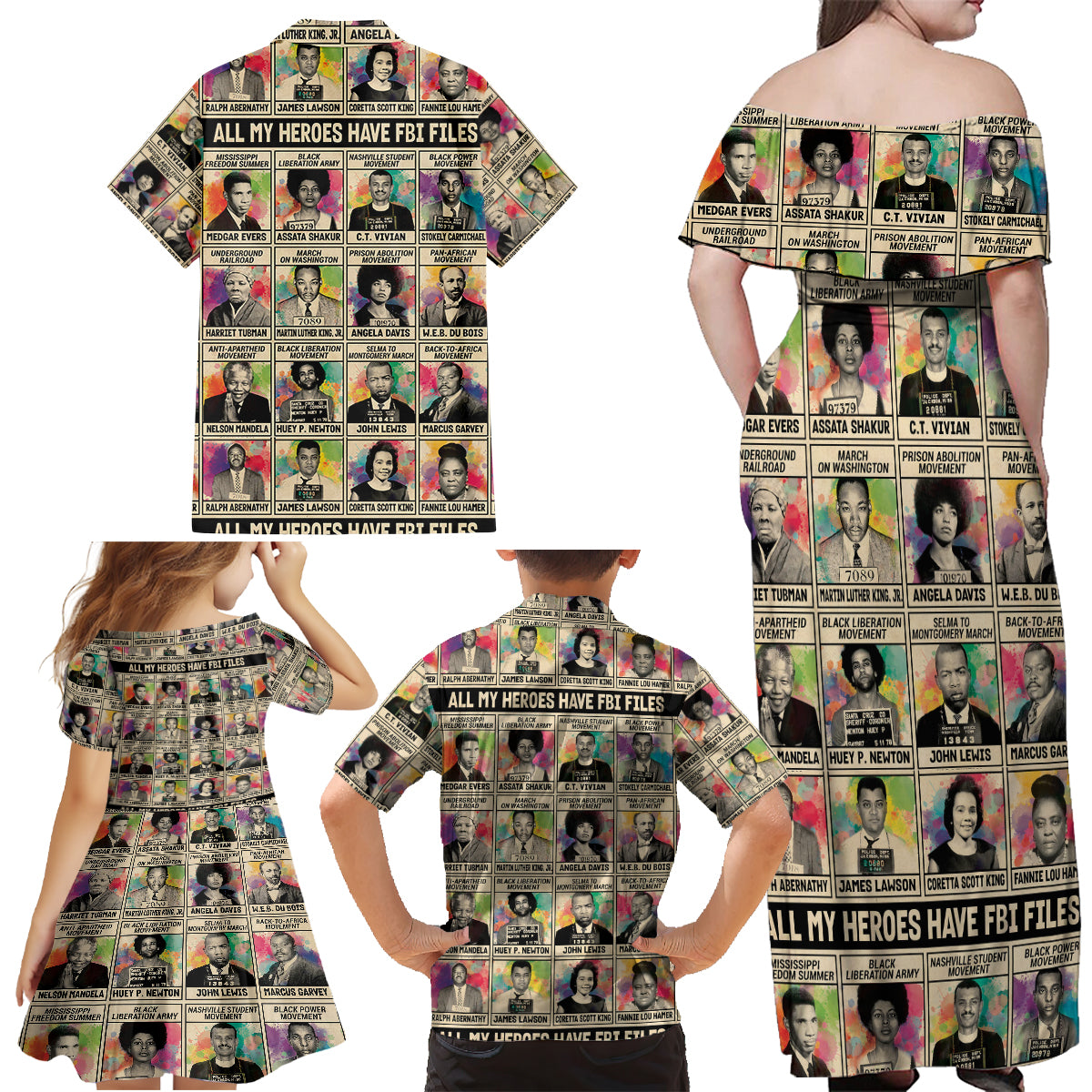 All My Heroes Have FBI Files Family Matching Off Shoulder Maxi Dress and Hawaiian Shirt Civil Rights Leaders - Wonder Print Shop