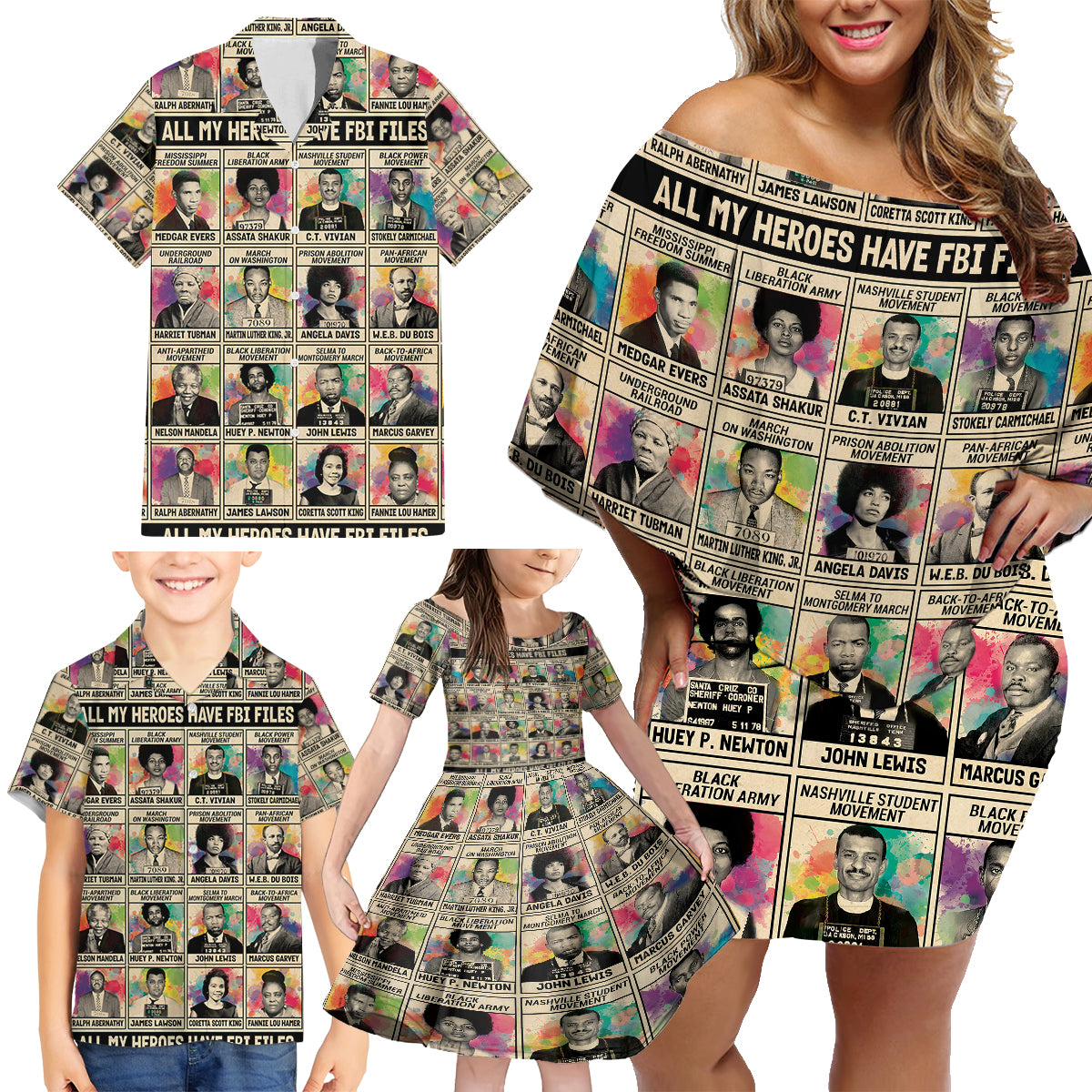 All My Heroes Have FBI Files Family Matching Off Shoulder Short Dress and Hawaiian Shirt Civil Rights Leaders - Wonder Print Shop
