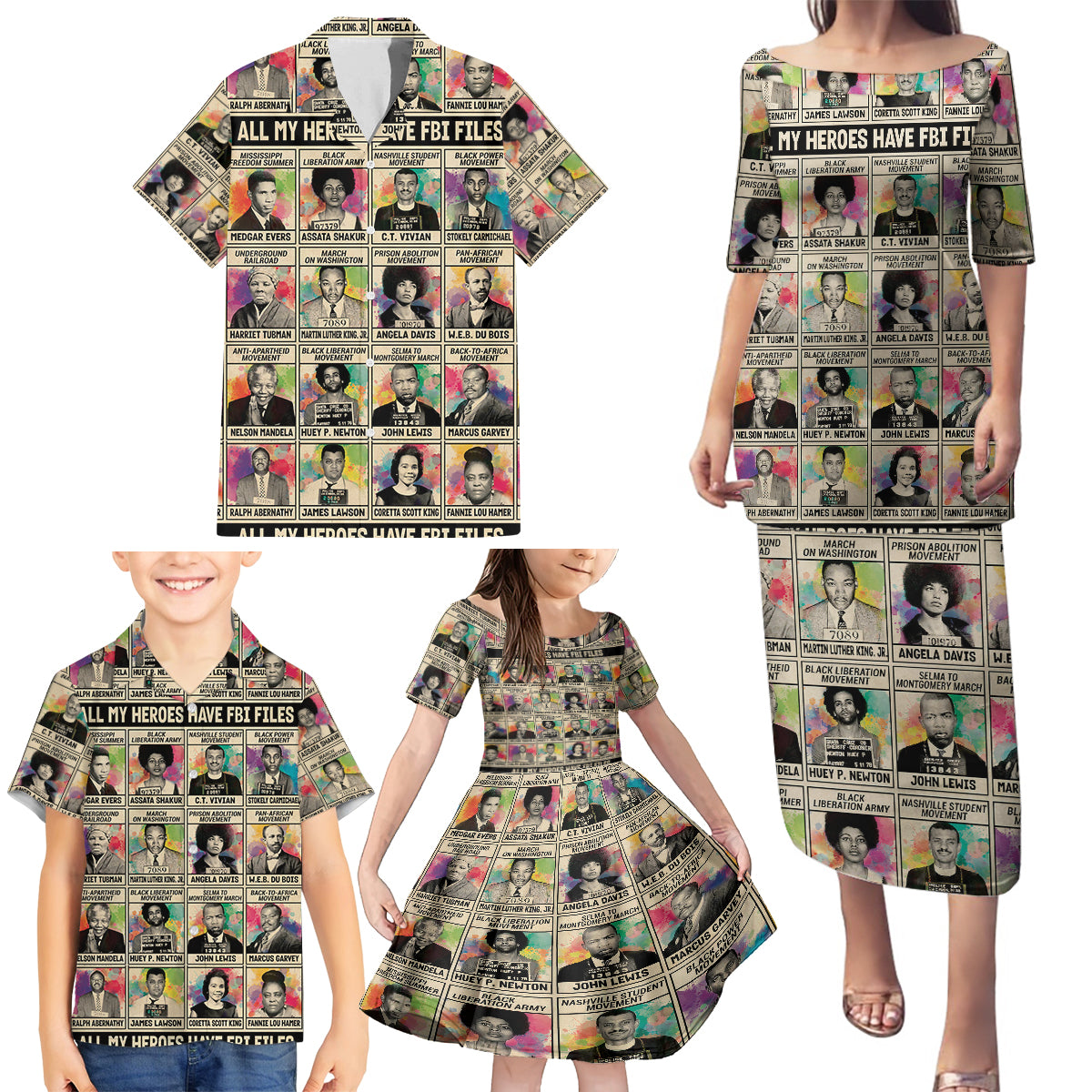 All My Heroes Have FBI Files Family Matching Puletasi Dress and Hawaiian Shirt Civil Rights Leaders - Wonder Print Shop